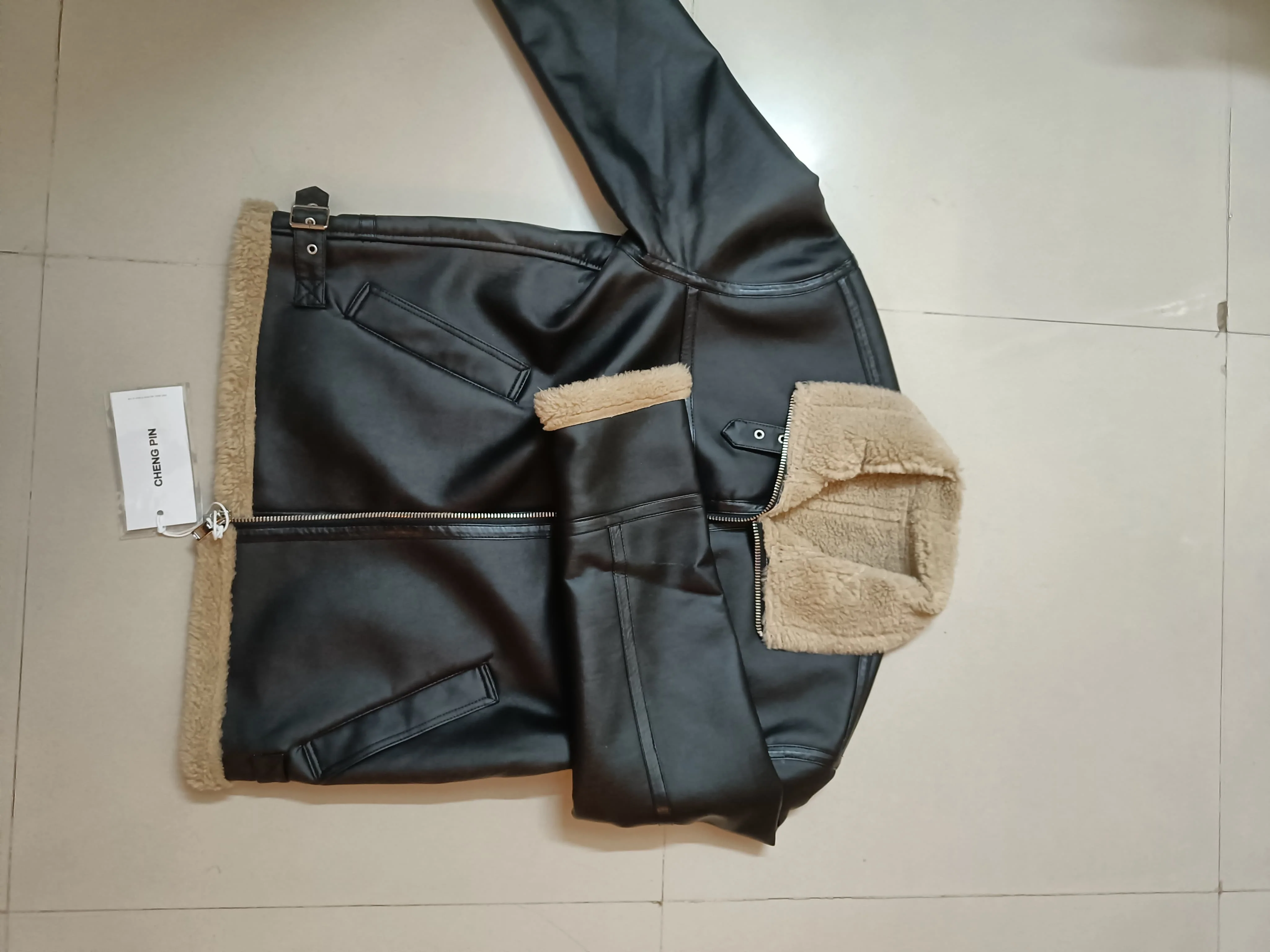 BLACK Leather Jacket with Fur{Brown} - Size M - Image 3