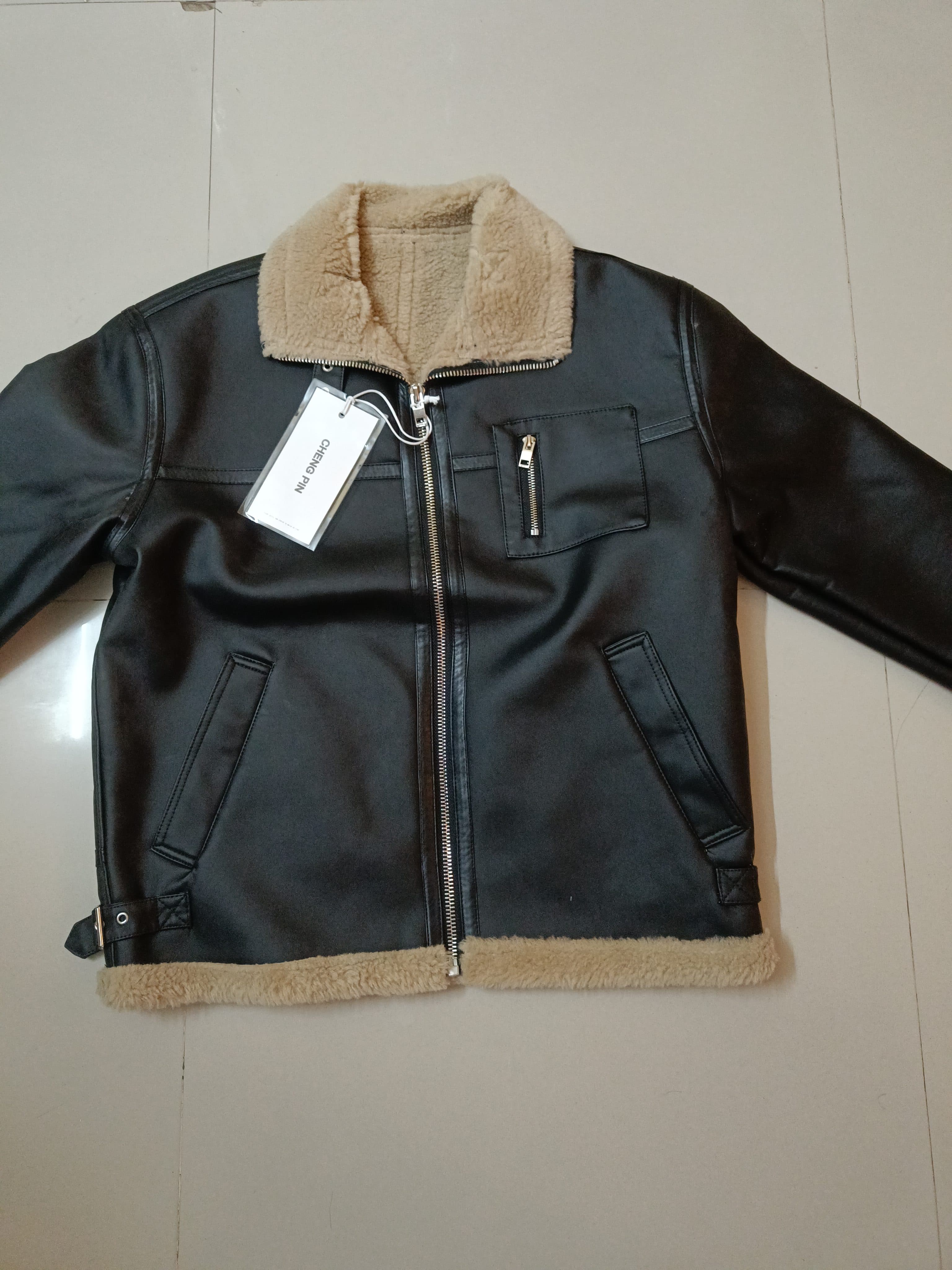 BLACK Leather Jacket with Fur{Brown} - Size M - Image 4