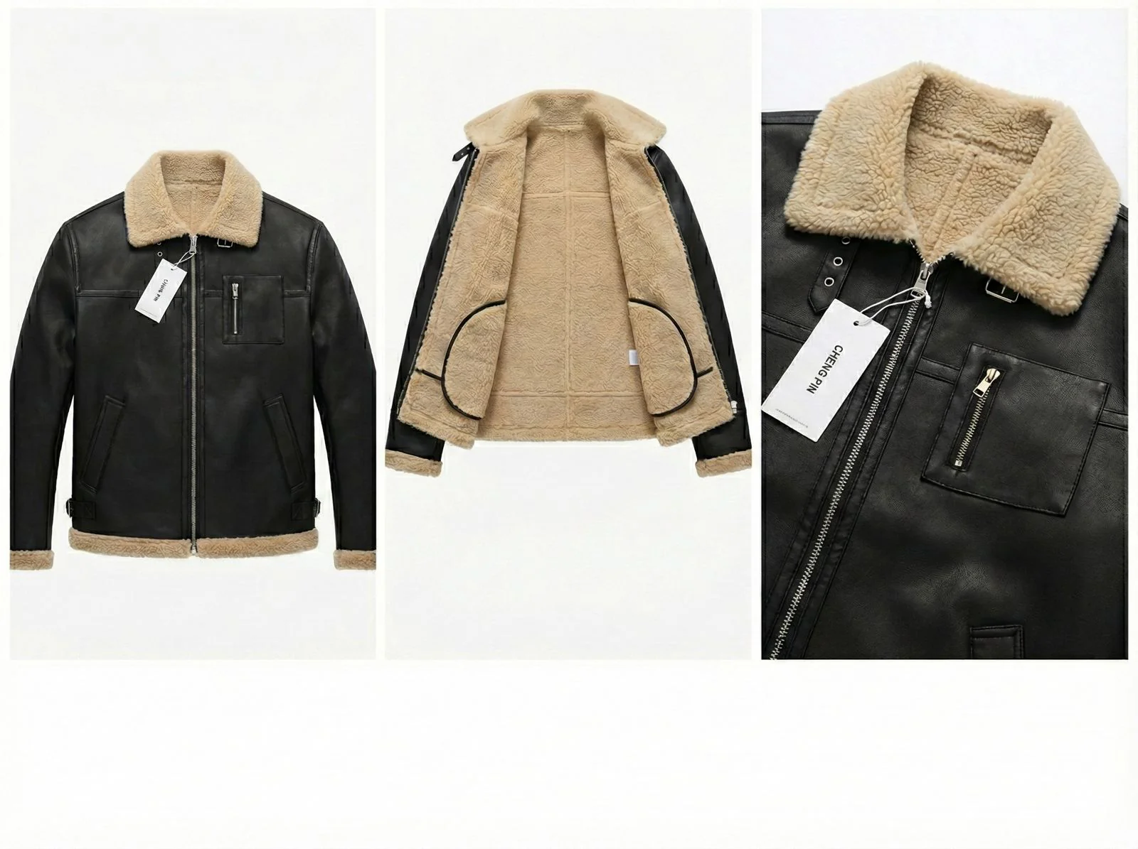 BLACK Leather Jacket with Fur{Brown} - Size M - Image 5